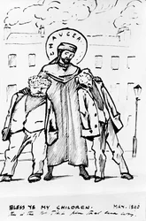 William Morris och Edward Burne-Jones välsignas av Chaucer, tecknad, 1896 (penna och bläck) (bw print)